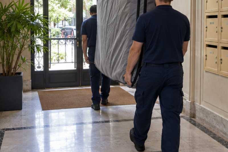Deux déménageurs portent un grand matelas sous housse zippée, hall d'immeuble résidentiel
