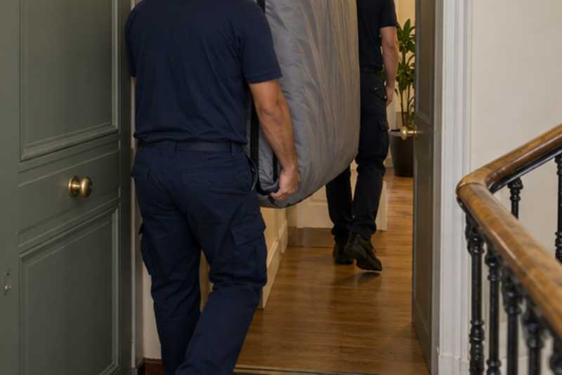 Deux déménageurs portent un grand matelas sous housse zippée, porte palière étroite d'appartement