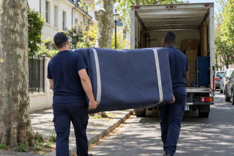 Déménageurs portant un matelas protégé par une housse, Bondy