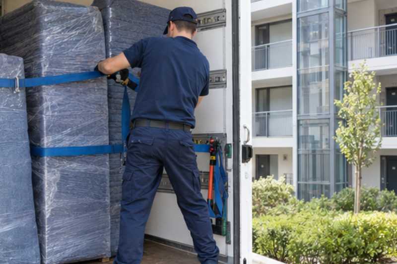 Déménageur qui sangle des meubles emballés dans la caisse du camion, Boulogne-Billancourt
