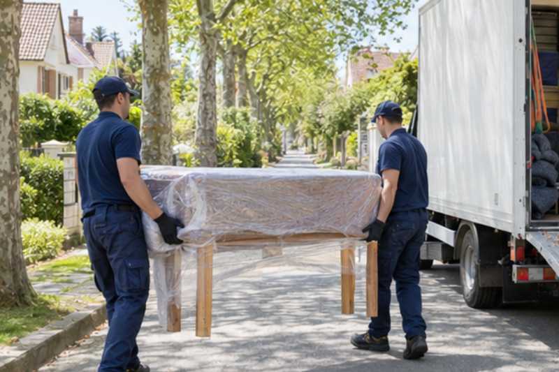 Deux déménageurs sortent une table en bois emballée, Boulogne-Billancourt