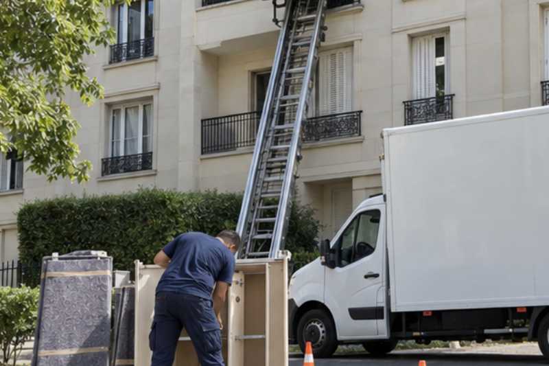 Déménageur qui démonte une armoire trois portes, panneaux protégés par des couvertures, façade d'immeuble avec monte-meuble déployé jusqu'à une fenêtre