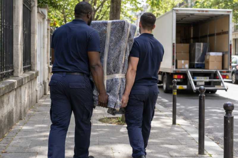 Deux déménageurs portent des meubles emballés sous couvertures, trottoir, camion garé sur une place de livraison au loin