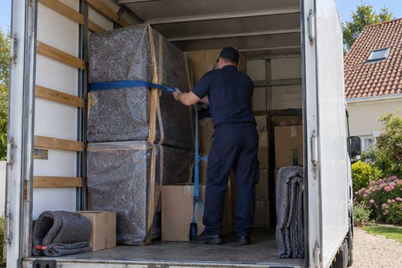 Déménageur qui sangle des meubles emballés dans la caisse du camion, Cergy