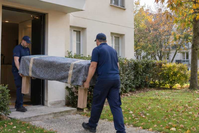 Deux déménageurs sortent une table en bois emballée, Cergy