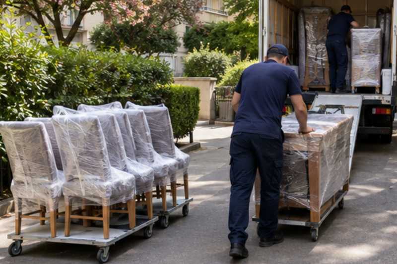 Déménageurs qui chargent une table en bois et six chaises emballées, allée de résidence, chariots roulants vers le camion