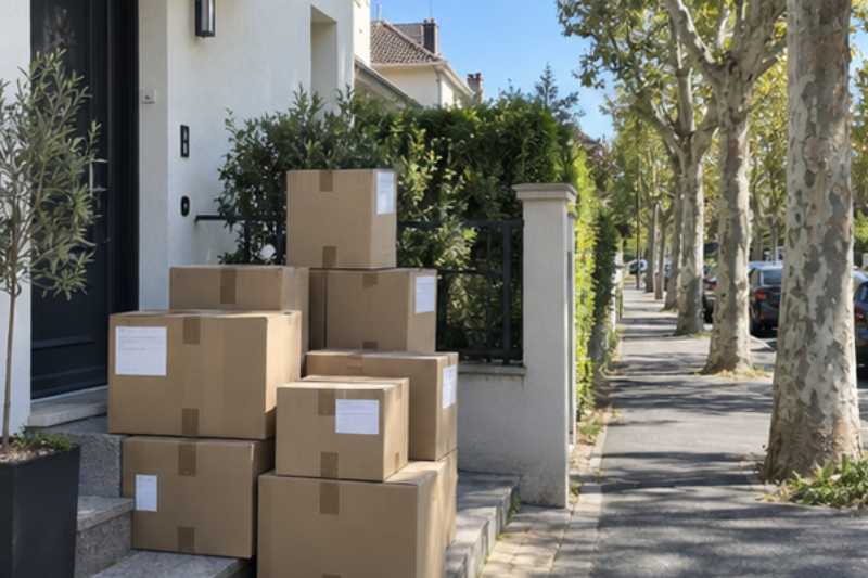 Pile de cartons fermés et étiquetés prête au pied de l'entrée, Champigny-sur-Marne