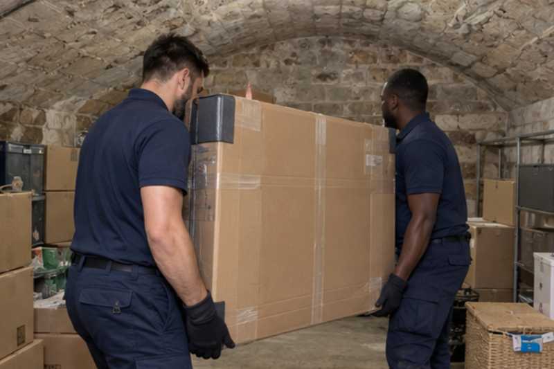 Deux déménageurs portent un grand téléviseur protégé par un carton épais, cave voûtée d'immeuble avec cartons