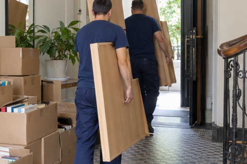 Déménageurs qui portent les éléments d'une grande bibliothèque démontée, entrée d'appartement avec des cartons de livres empilés