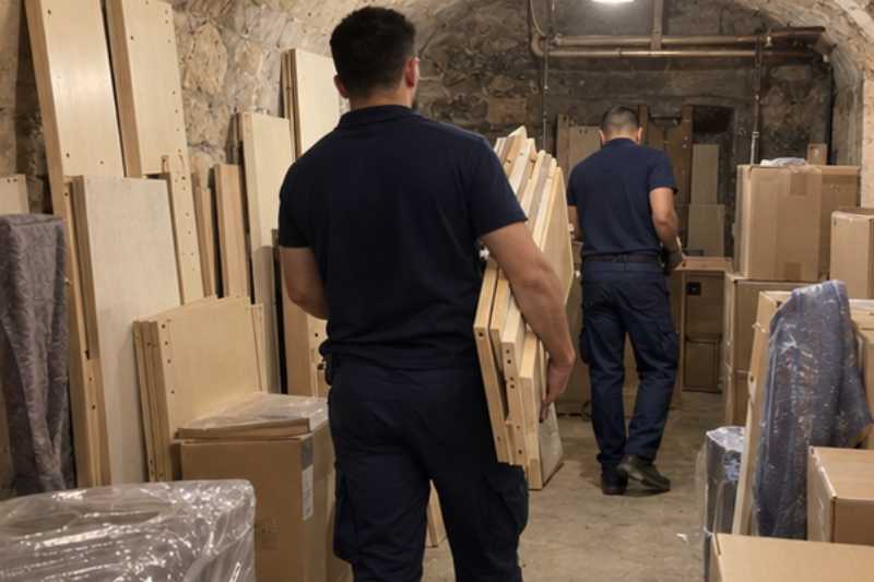 Déménageurs qui portent les éléments d'une grande bibliothèque démontée, cave voûtée d'immeuble avec cartons