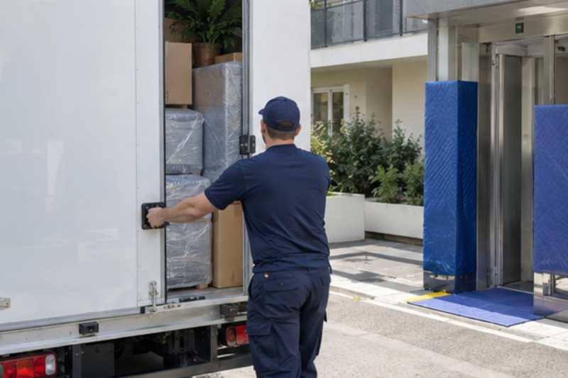 Déménageur qui ferme les portes arrière du camion chargé, Châtillon