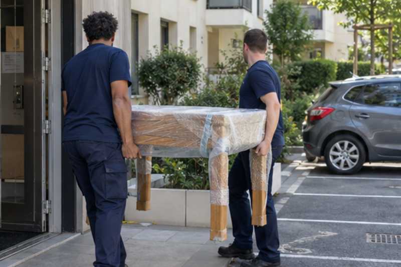 Deux déménageurs sortent une table en bois emballée, Châtillon
