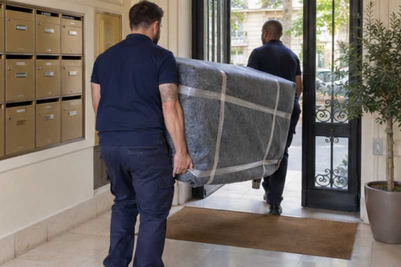 Deux déménageurs portent des meubles emballés sous couvertures, hall d'immeuble résidentiel