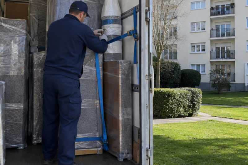 Déménageur qui sangle des meubles emballés dans la caisse du camion, Chatou