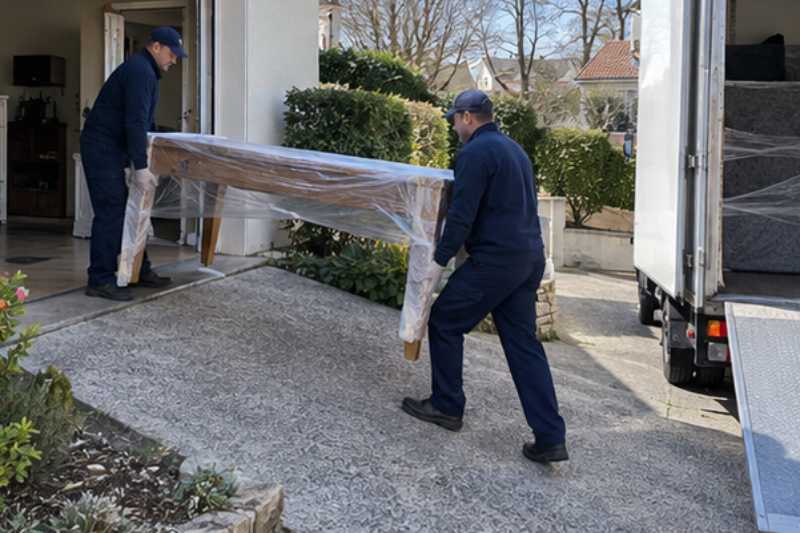Deux déménageurs sortent une table en bois emballée, Chatou