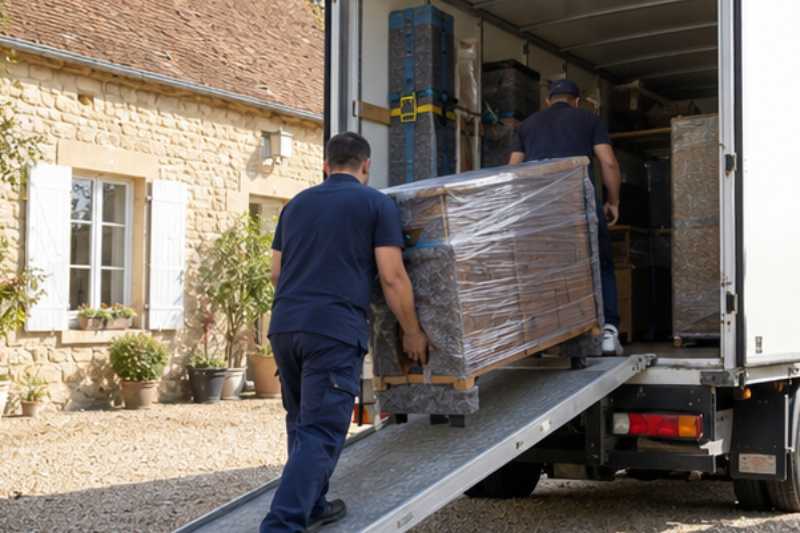Chargement d'un buffet emballé par la rampe du camion, Chelles