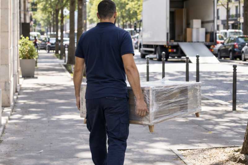 Déménageur qui porte un meuble TV bas entouré de film, trottoir, camion garé sur une place de livraison au loin
