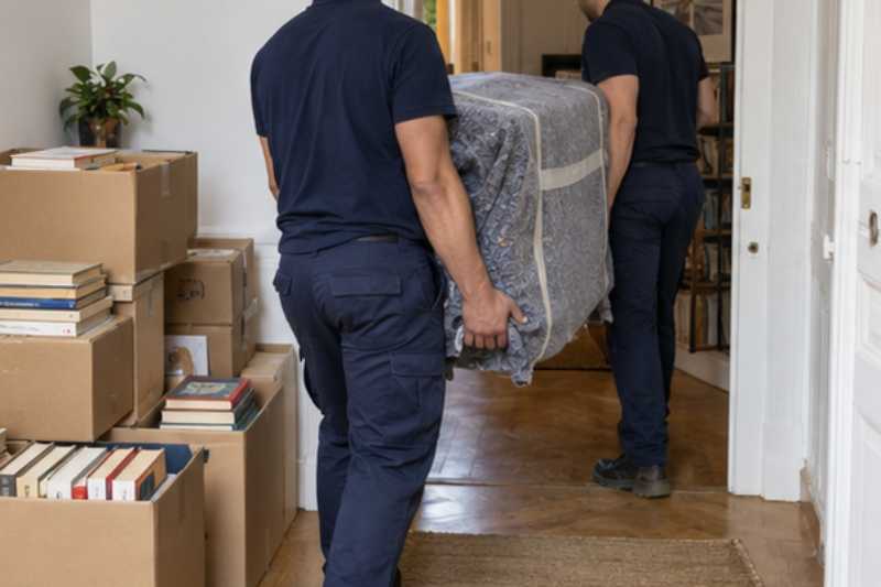 Deux déménageurs portent des meubles emballés sous couvertures, entrée d'appartement avec des cartons de livres empilés
