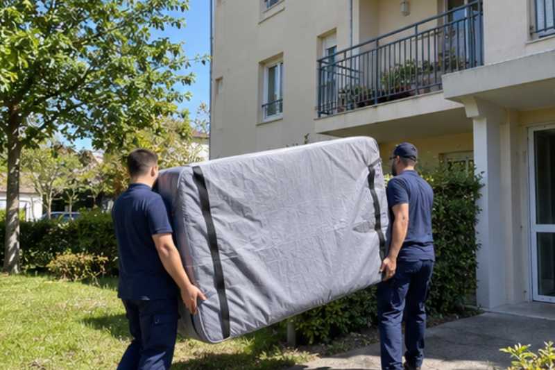 Déménageurs portant un matelas protégé par une housse, Chelles