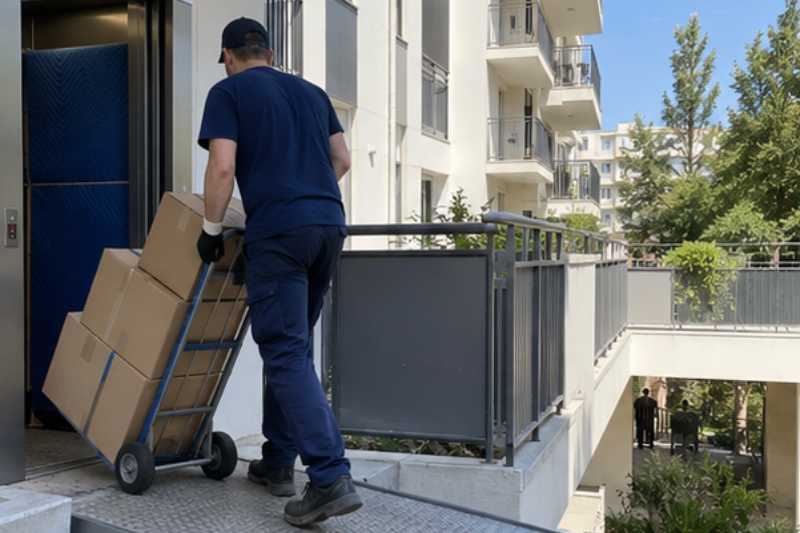 Un déménageur descend des cartons empilés sur un diable, Choisy-le-Roi