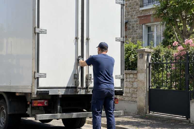 Déménageur qui ferme les portes arrière du camion chargé, Choisy-le-Roi