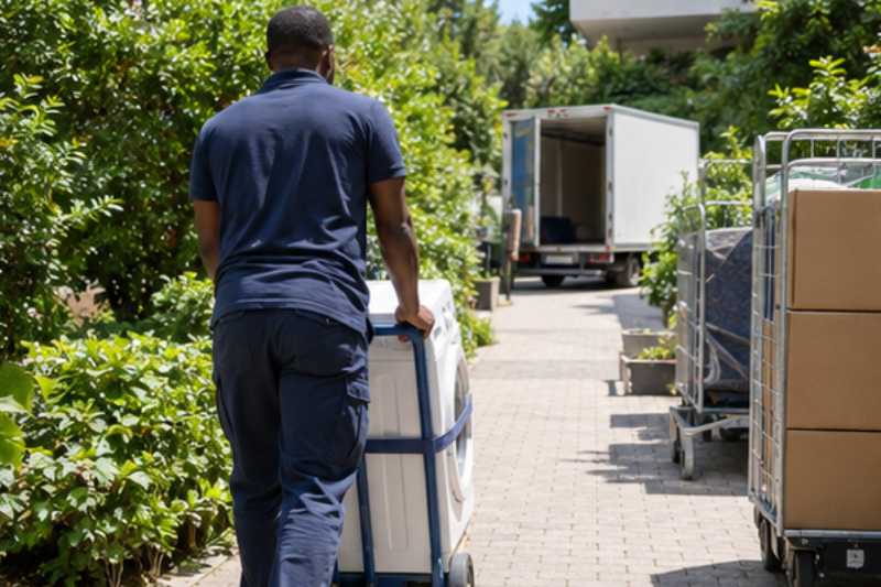 Déménageur qui roule un lave-linge sanglé sur un diable, allée de résidence, chariots roulants vers le camion