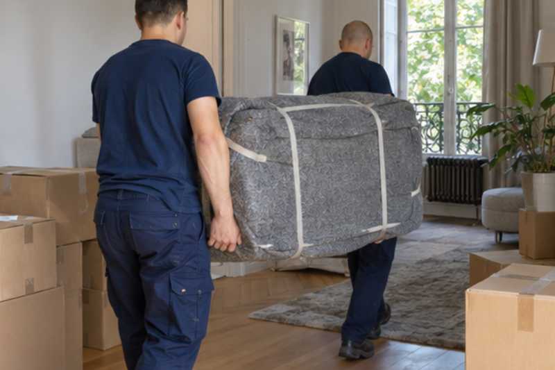 Deux déménageurs portent des meubles emballés sous couvertures, appartement aux cartons fraîchement fermés