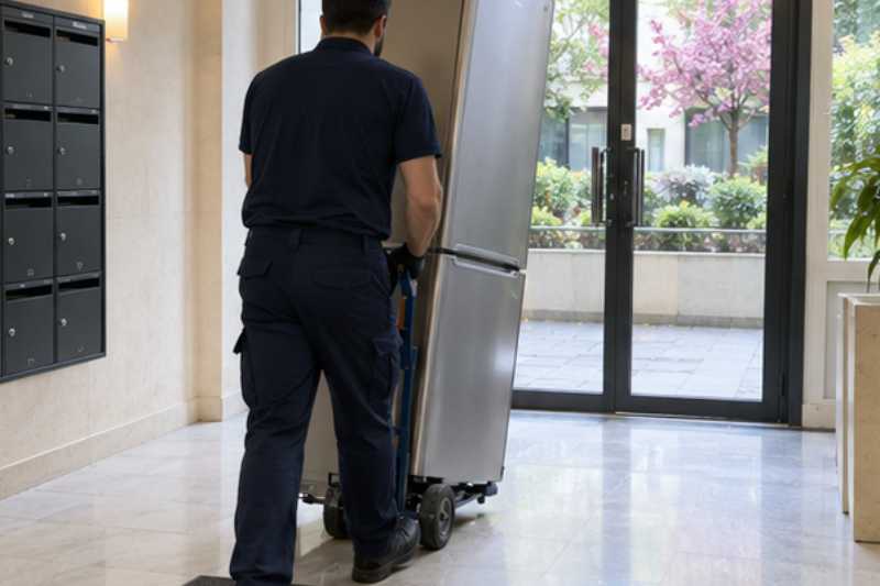 Déménageur qui roule un réfrigérateur combiné debout sur un diable, hall d'immeuble résidentiel
