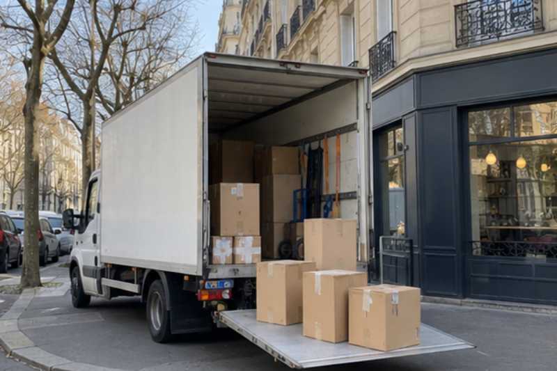 Camion de déménagement blanc garé le long du trottoir, hayon abaissé, cartons alignés, Clamart