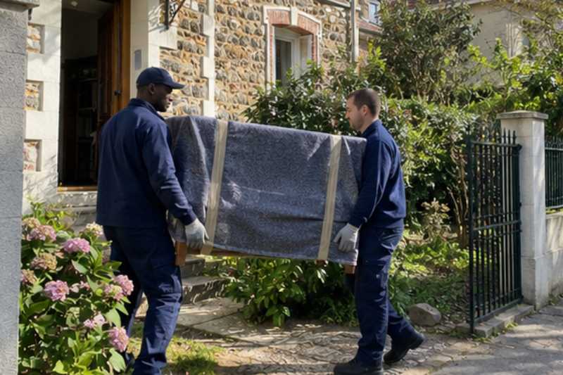 Deux déménageurs portent une commode emballée dans une couverture de protection, Clamart