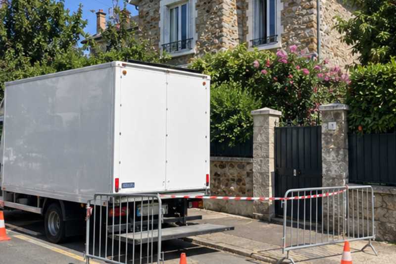 Camion blanc sur une place réservée délimitée par des barrières, Clichy