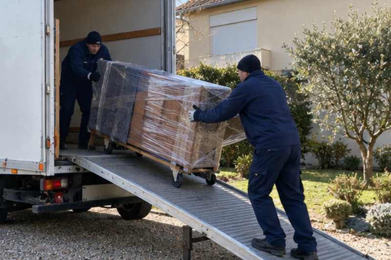 Chargement d'un buffet emballé par la rampe du camion, Combs-la-Ville