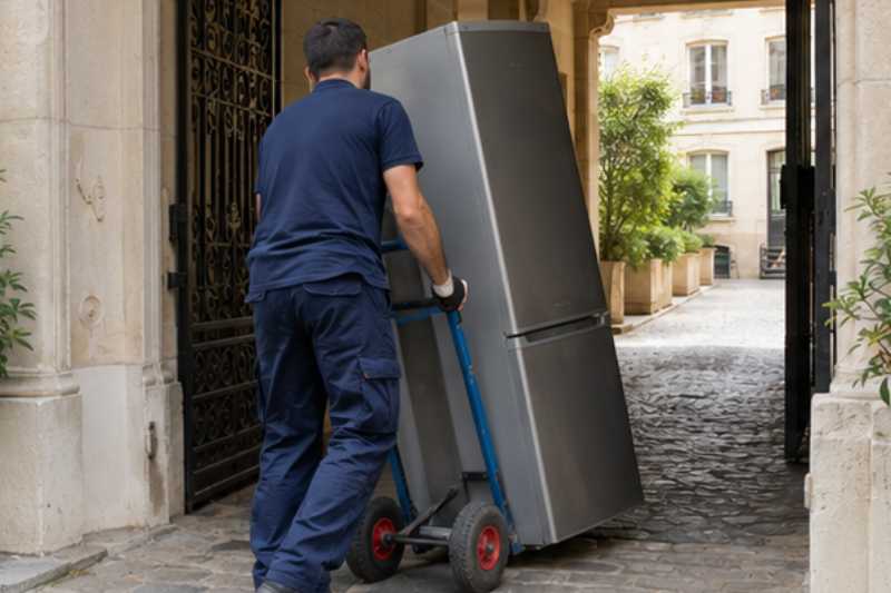 Déménageur qui roule un réfrigérateur combiné debout sur un diable, porche bas d'immeuble ancien