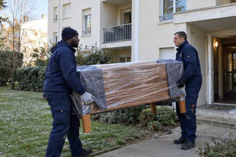 Deux déménageurs sortent une table en bois emballée, Combs-la-Ville