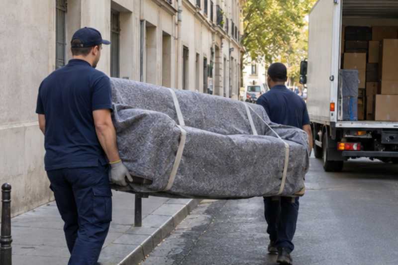 Deux déménageurs portent un canapé trois places sous couverture, rue étroite, camion blanc garé plus loin