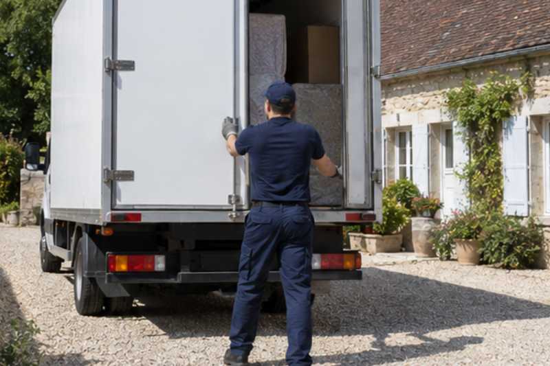 Déménageur qui ferme les portes arrière du camion chargé, Conflans-Sainte-Honorine