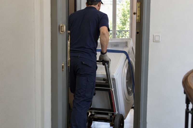 Déménageur qui roule un lave-linge sanglé sur un diable, porte palière étroite d'appartement
