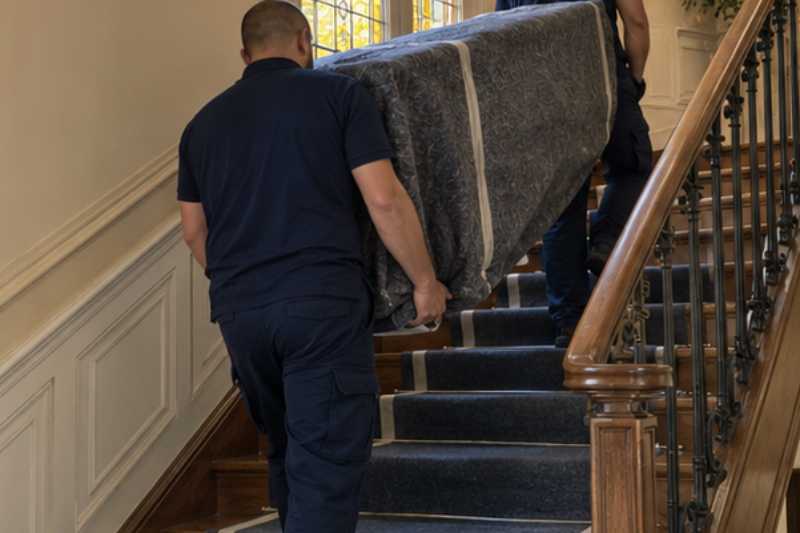 Deux déménageurs portent des meubles emballés sous couvertures, escalier ancien en bois aux marches couvertes de protections