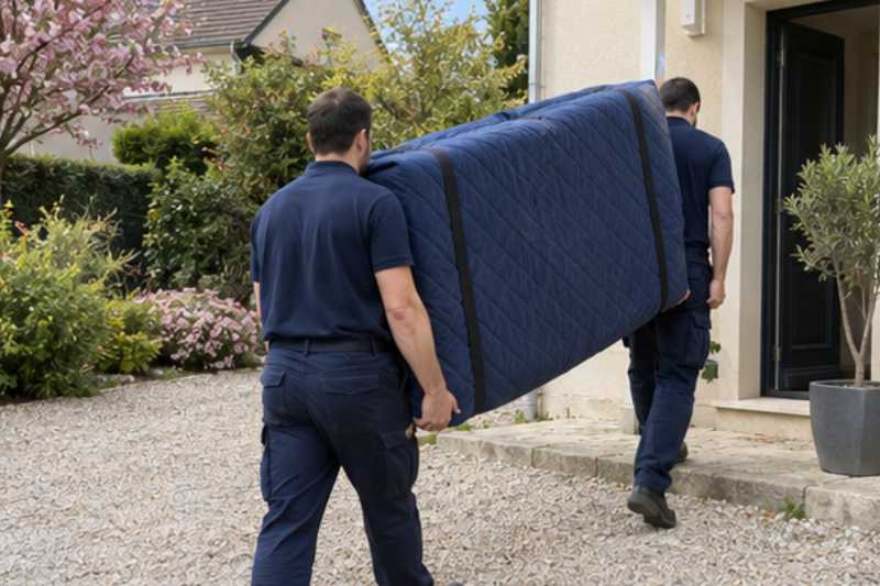 Déménageurs portant un matelas protégé par une housse, Corbeil-Essonnes