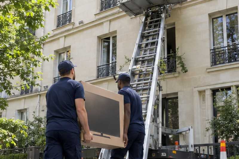 Deux déménageurs portent un grand téléviseur protégé par un carton épais, façade d'immeuble avec monte-meuble déployé jusqu'à une fenêtre