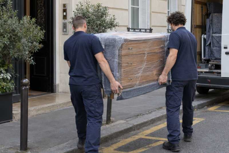 Deux déménageurs portent une commode à tiroirs emballée, zone de chargement délimitée devant l'immeuble
