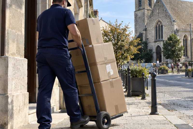 Un déménageur descend des cartons empilés sur un diable, Cormeilles-en-Parisis