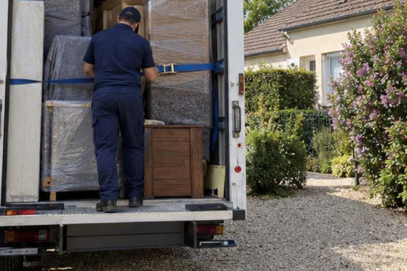 Déménageur qui sangle des meubles emballés dans la caisse du camion, Cormeilles-en-Parisis