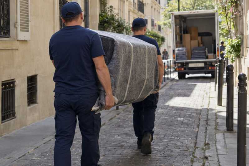 Deux déménageurs portent des meubles emballés sous couvertures, rue étroite, camion blanc garé plus loin