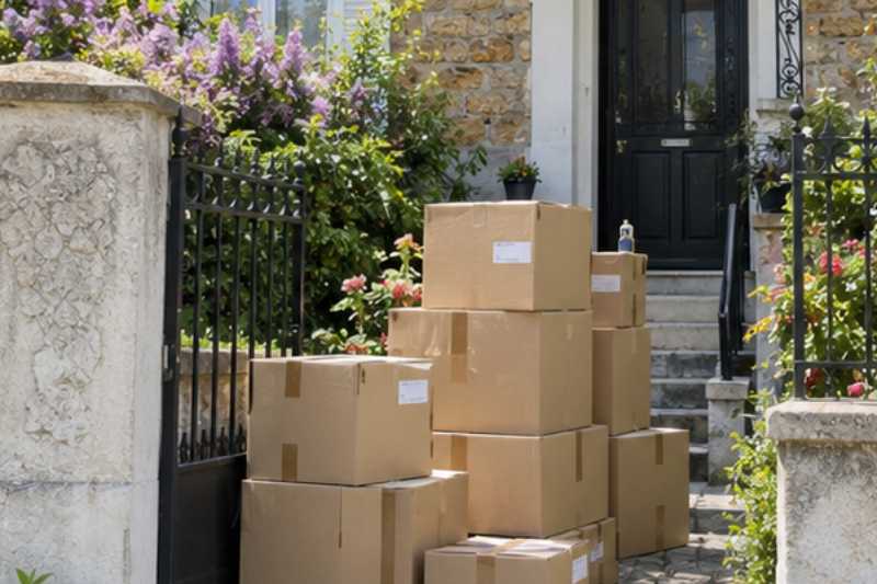 Pile de cartons fermés et étiquetés prête au pied de l'entrée, Courbevoie