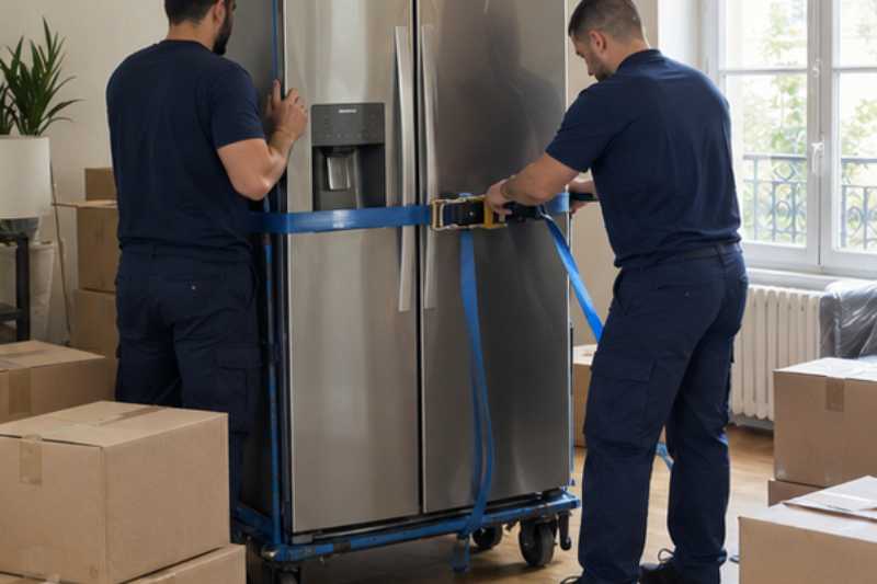 Deux déménageurs sanglent un réfrigérateur américain debout sur un diable, appartement aux cartons fraîchement fermés