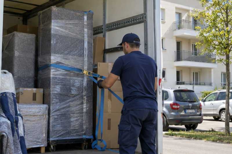 Déménageur qui sangle des meubles emballés dans la caisse du camion, Courbevoie