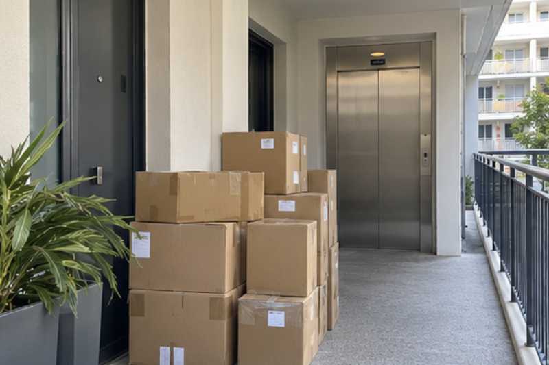 Pile de cartons fermés et étiquetés prête au pied de l'entrée, Créteil