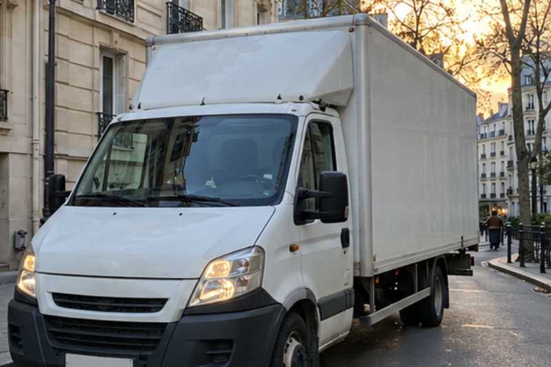 Camion de déménagement arrivant dans une rue en fin d'après-midi
