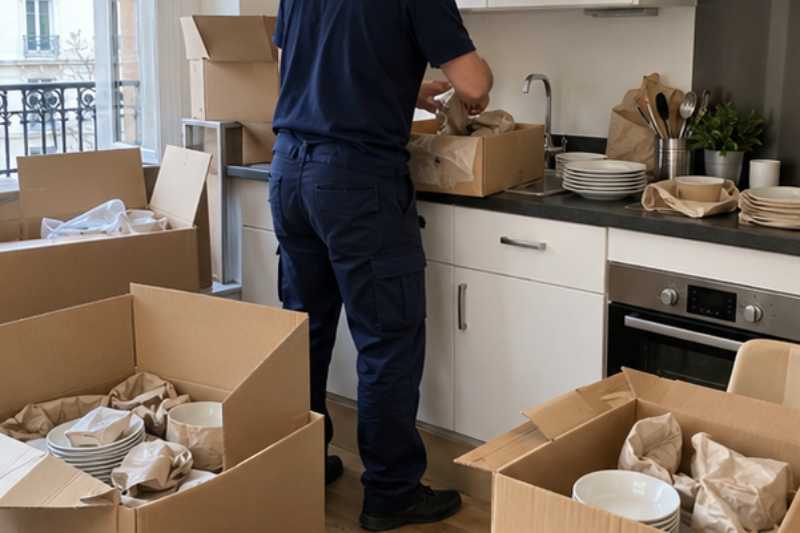 Appartement avec cartons ouverts et déménageur qui emballe vite la cuisine